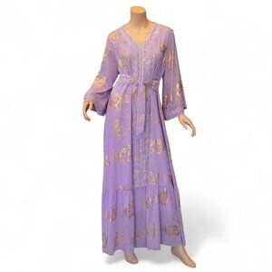 Vintage-Inspired Lavender & Gold Maxi Caftan Dress – Size Large